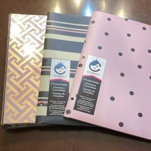 Studio C binder and two coordinating folders in pink, gold, black and beige.
